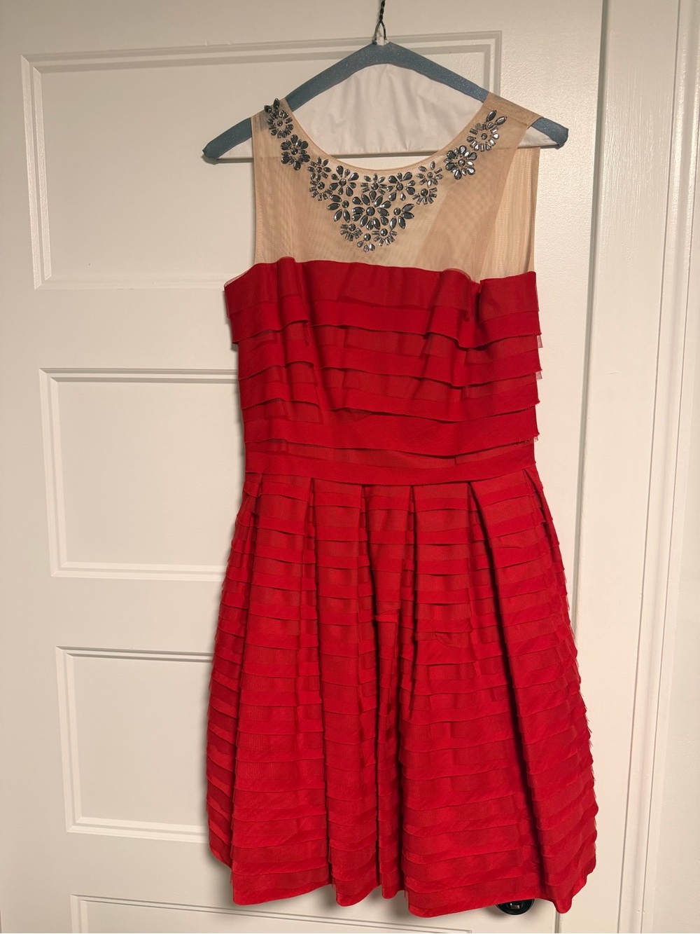 Women’s Red Party Dress with Embellished Neckline